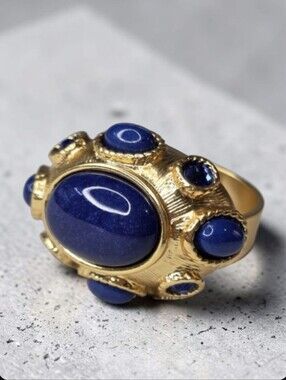 18k Matte Gold Plated Lapis Lazuli Sapphire Crystal Byzantine Statement Ring